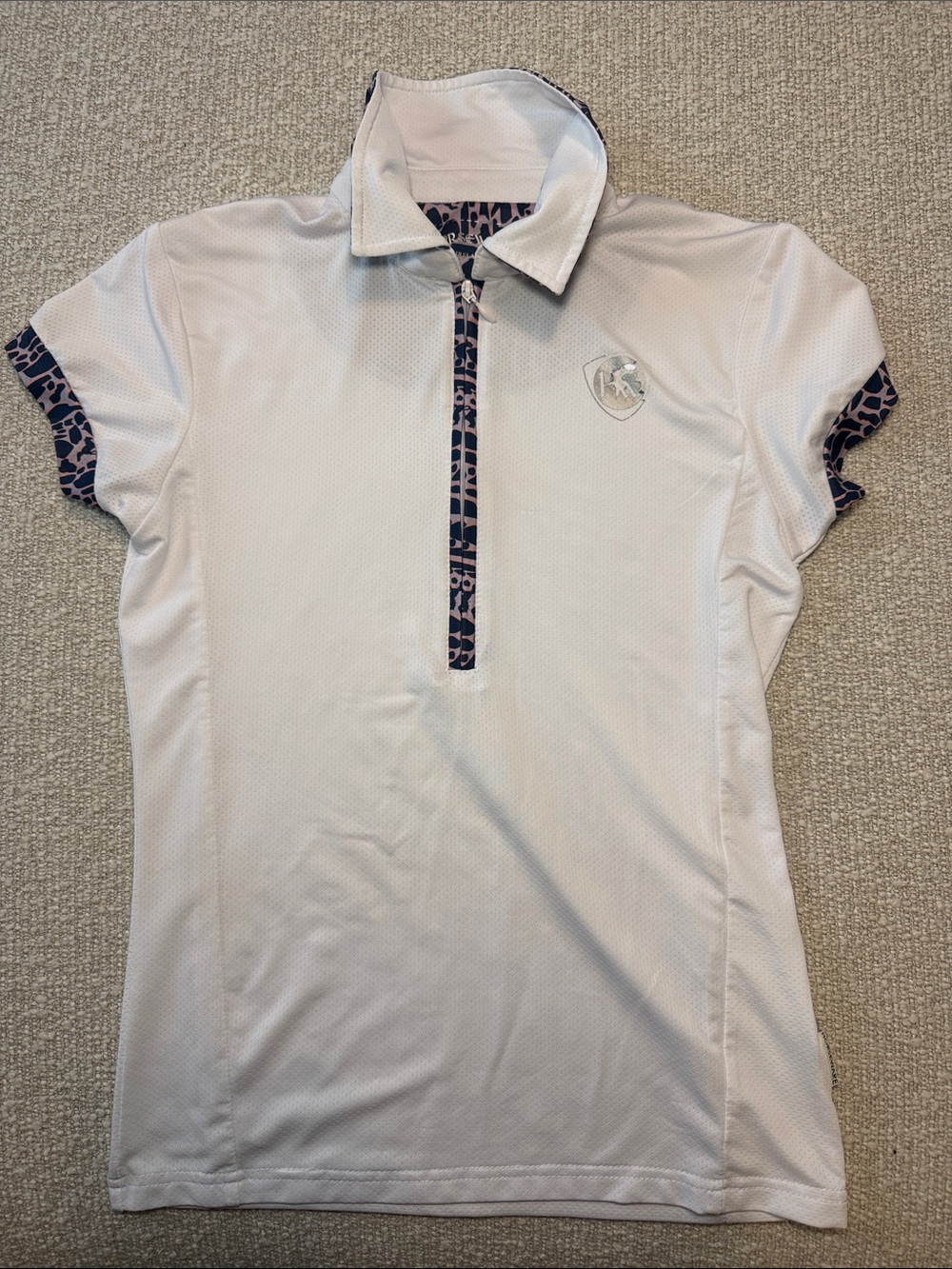 Girls' White Horse Show Shirt with Navy & Pink Leopard Trim